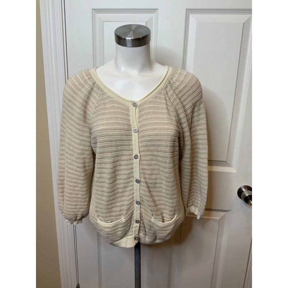 Guinevere Anthropologie Cream Tan Striped Thin Knit Cardigan, Size L